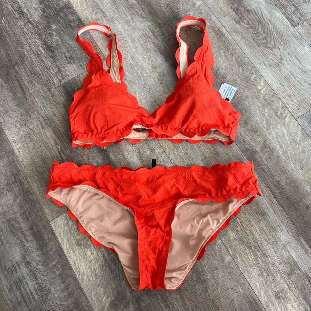 J. Crew Bright Red Scalloped Bikini Set